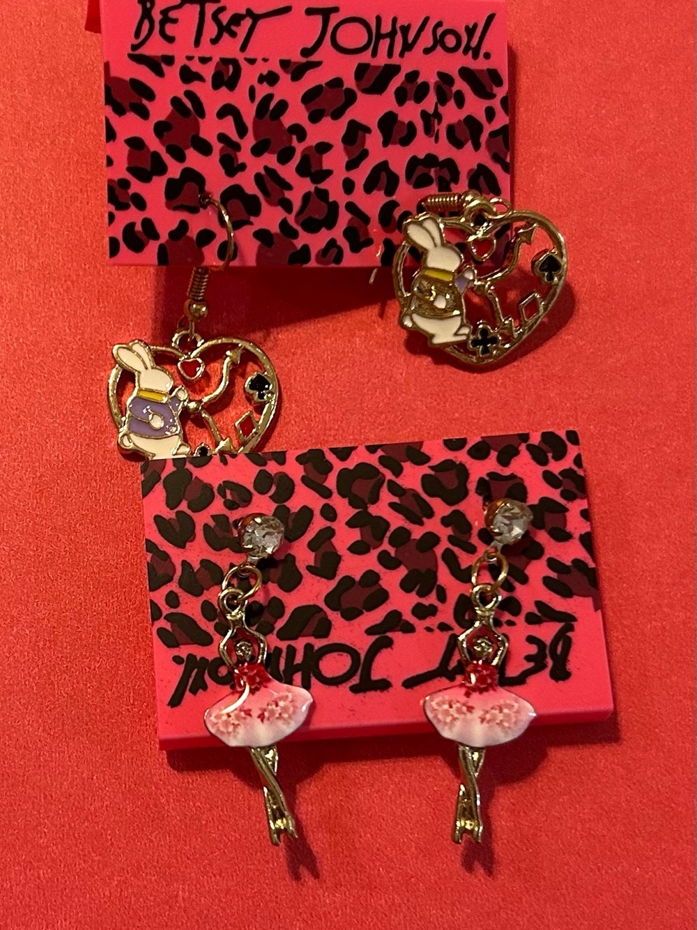 Betsey Johnson Gold-Tone Pink Bunny Heart & Pink Ballerina Dangle Earrings Set